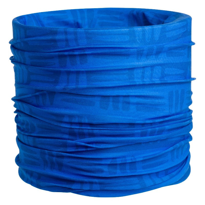 Product photo of a blue buff with a white background.