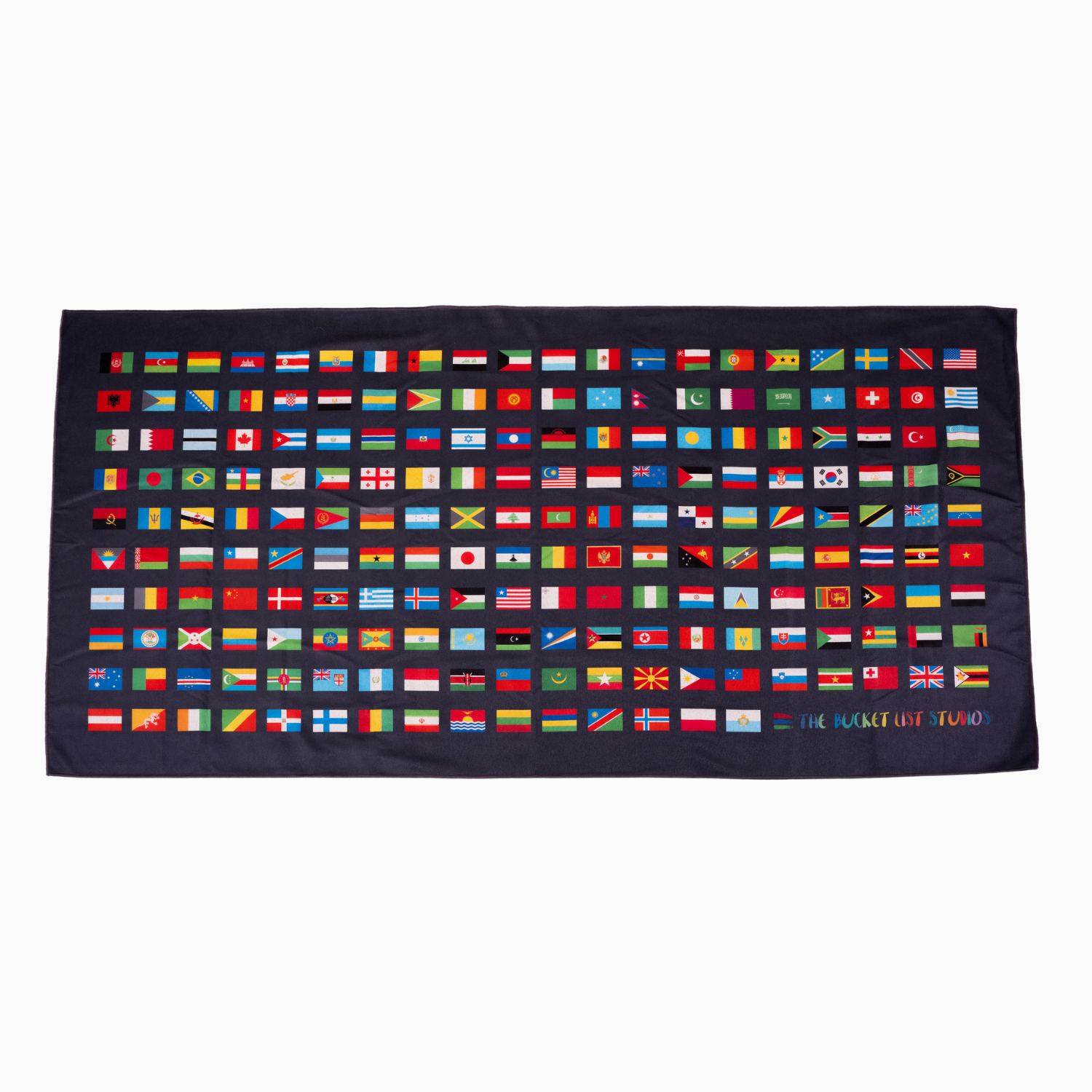 Product photo of the black Flags of the World Blanket with white background.