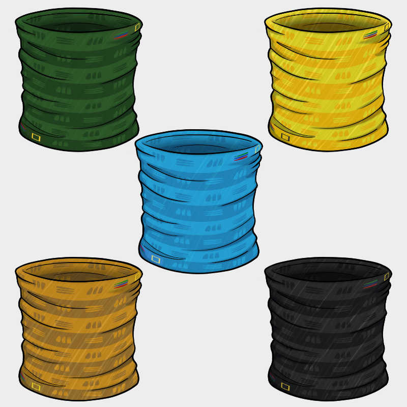 Digital art image of five buffs with the bucket list and national geographic logos on them. The five buffs are green, blue, yellow, tan, and black.