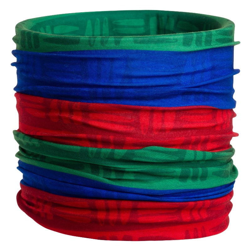 Product photo of a red, blue, and green buff with a white background.