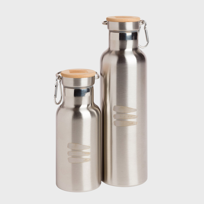 Product photo of a small and a large water stainless steel water bottle next to each other. The water bottles have bamboo lids and the bucket list logo engraved on the outside of the water bottle.