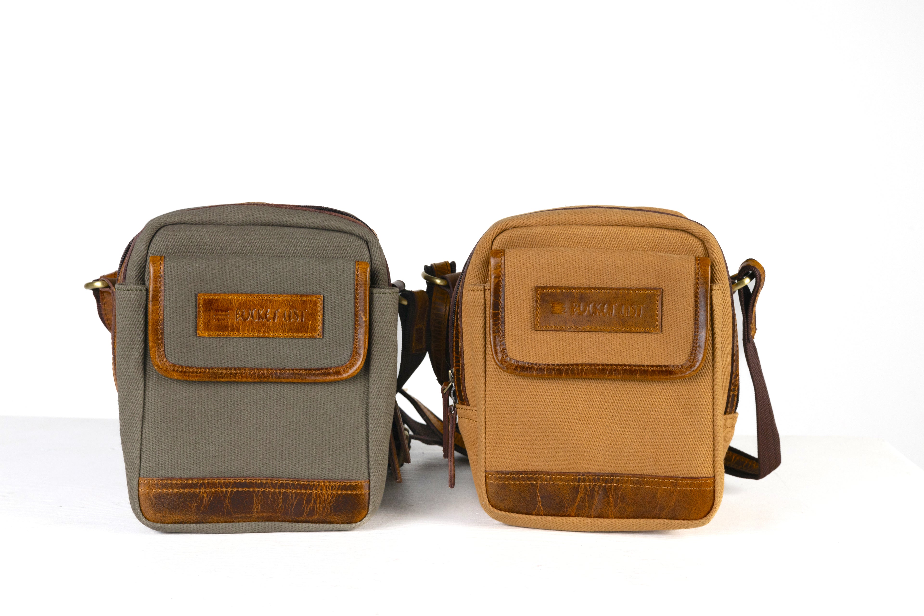 Product photo with tan and vintage sage sling pouches and a white background.