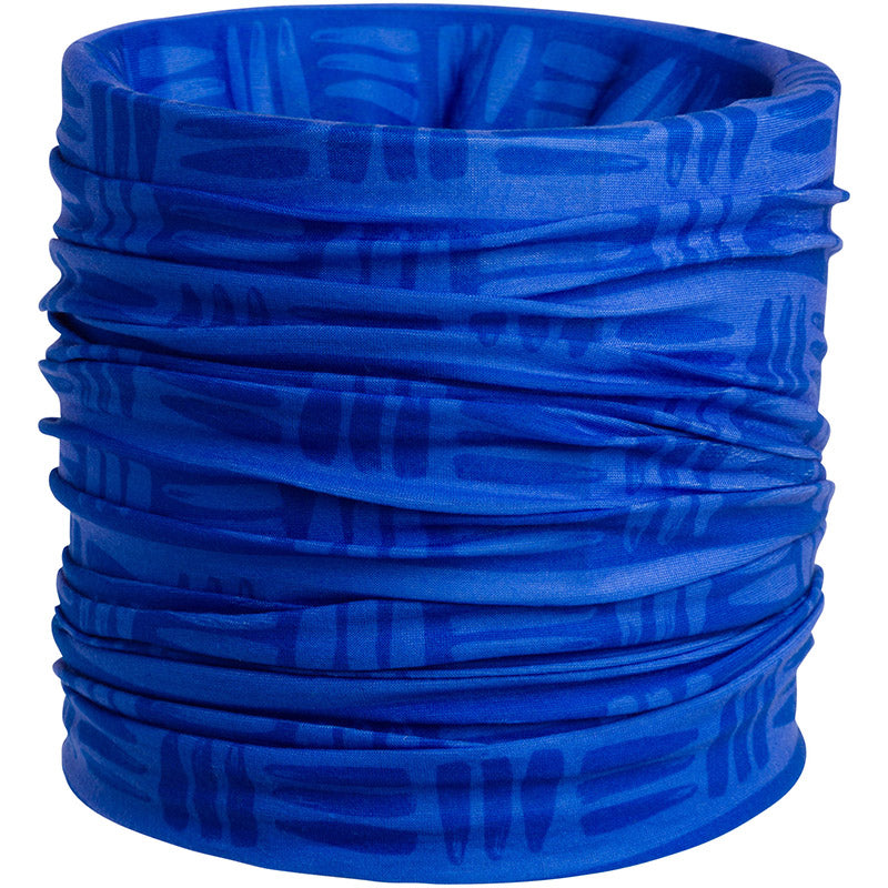 Product photo of a blue buff with a white background.