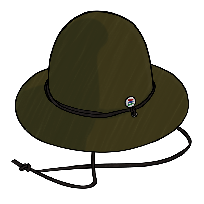 Digital art image of an olive round brimmed hat with a thin leather neck strap. There is a small metal bucket list logo pin on the side of the hat.