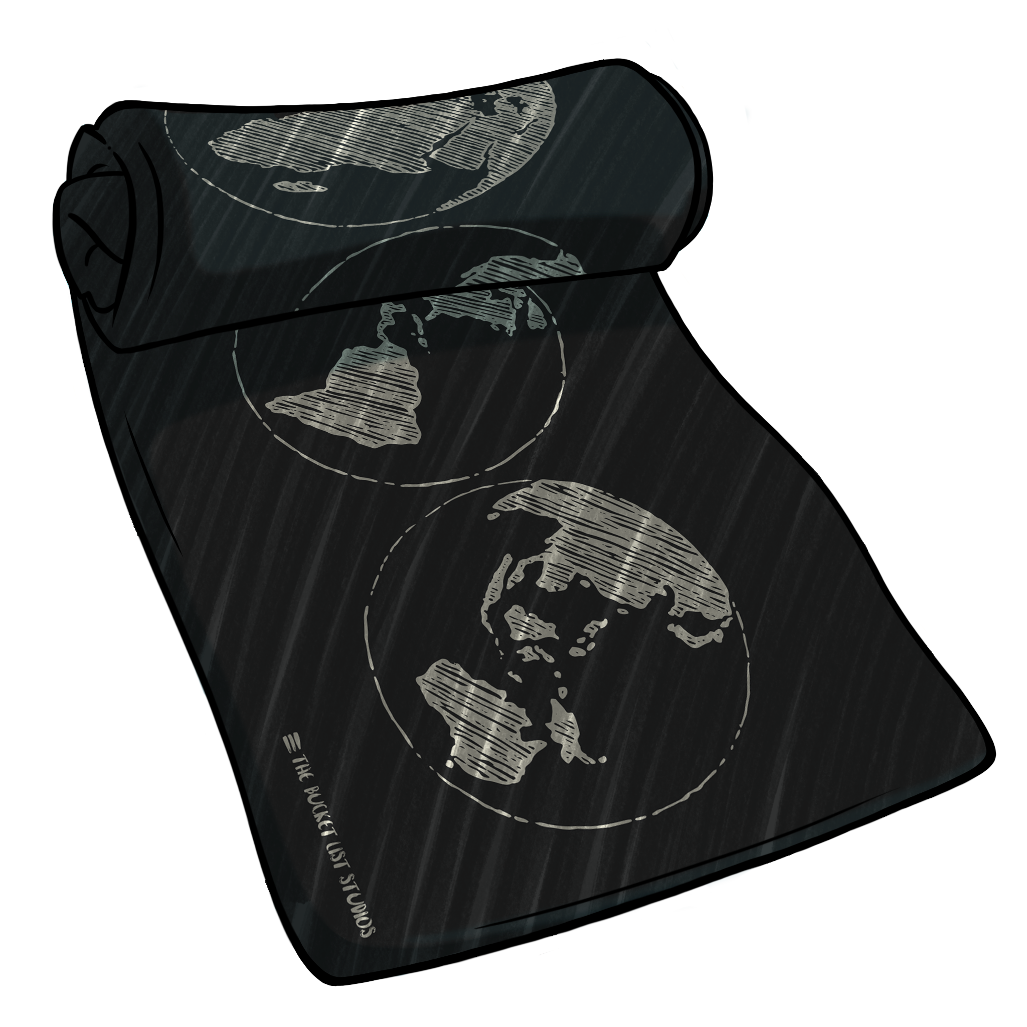 Digital art image of a black blanket with  drawing of the world on it that is partially rolled up.