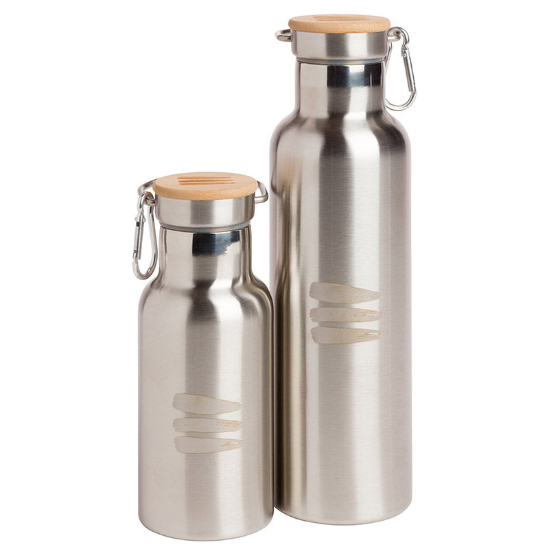 Product photo of a small and a large water stainless steel water bottle next to each other. The water bottles have bamboo lids and the bucket list logo engraved on the outside of the water bottle.