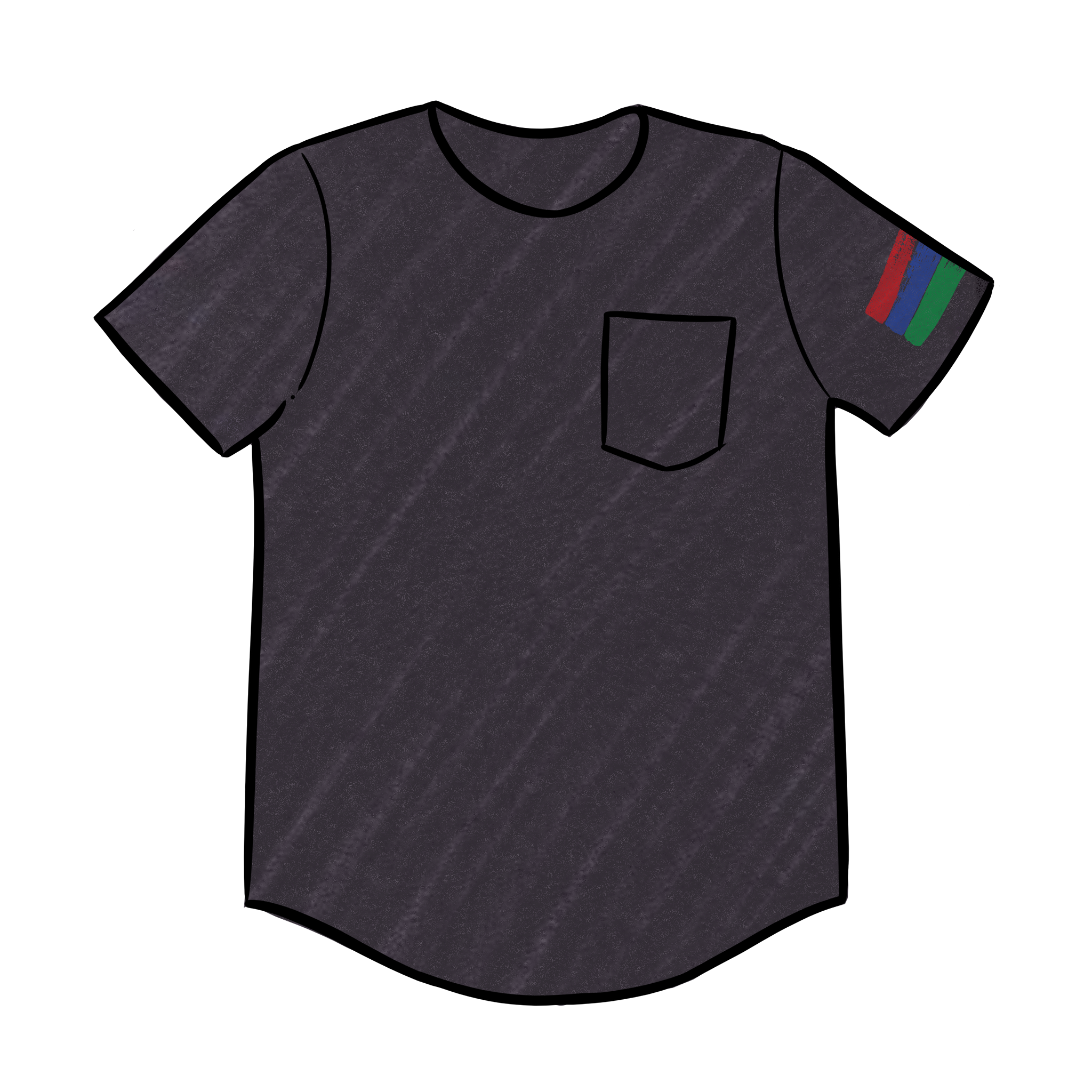 Digital art image of a black crew neck short sleeve t-shirt with the bucket list logo on the left arm of the shirt.