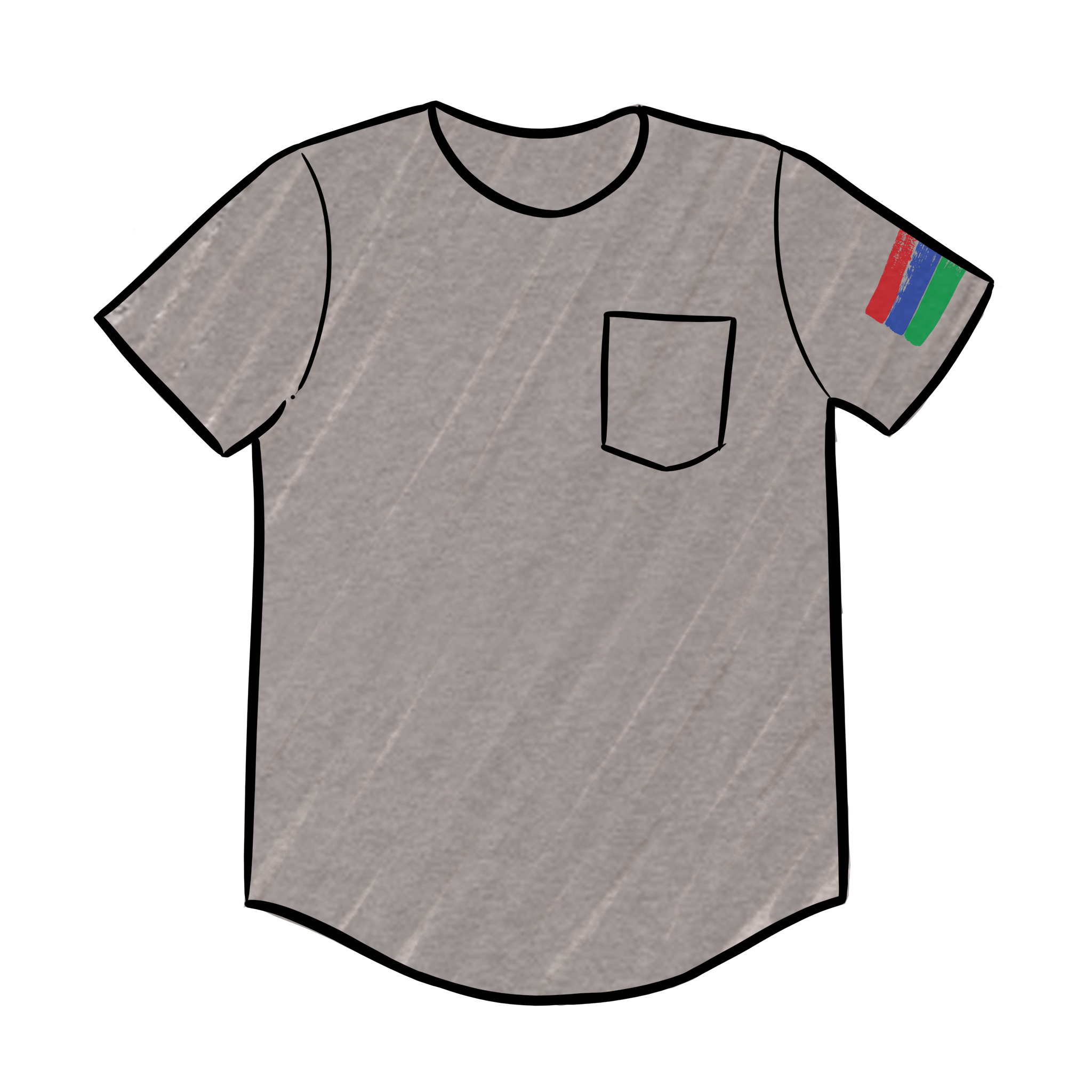 Digital art image of a grey crew neck short sleeve t-shirt with the bucket list logo on the left arm of the shirt.