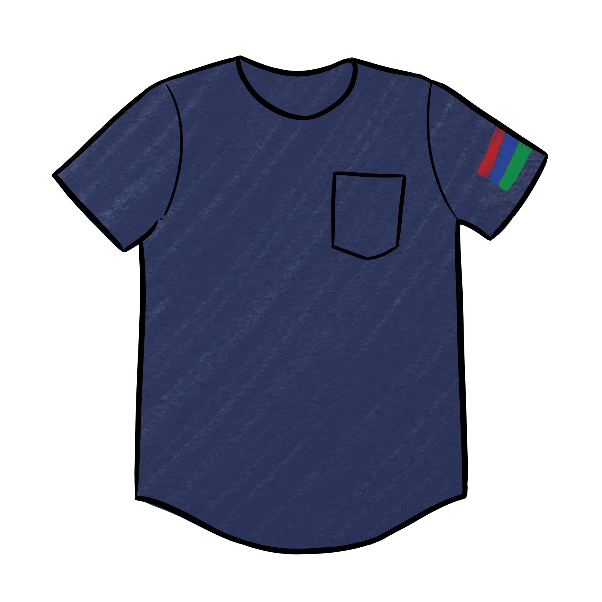 Digital art image of a navy crew neck short sleeve t-shirt with the bucket list logo on the left arm of the shirt.