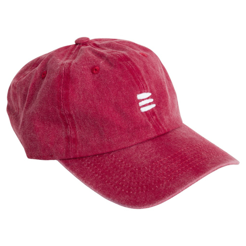Product photo with a white background of a burgundy baseball cap with a white embroidered bucket list logo on the front of the cap.