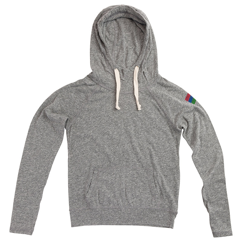 Product photo of a light grey hoodie with a white background.