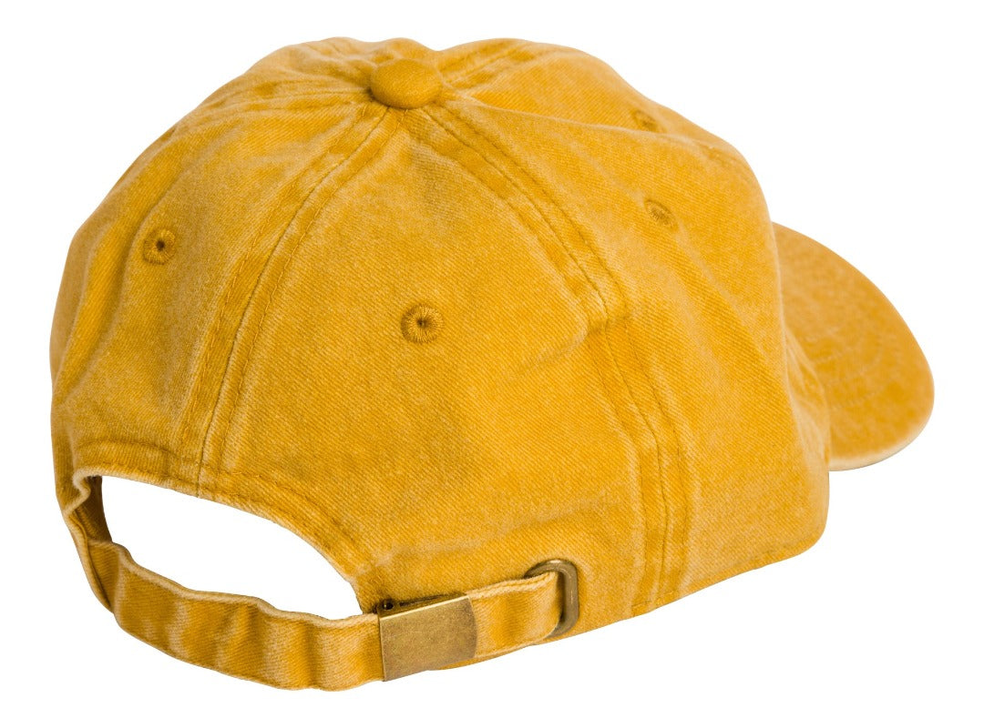 Product photo with a white background of the back of a yellow baseball cap with a white embroidered bucket list logo on the front of the cap.