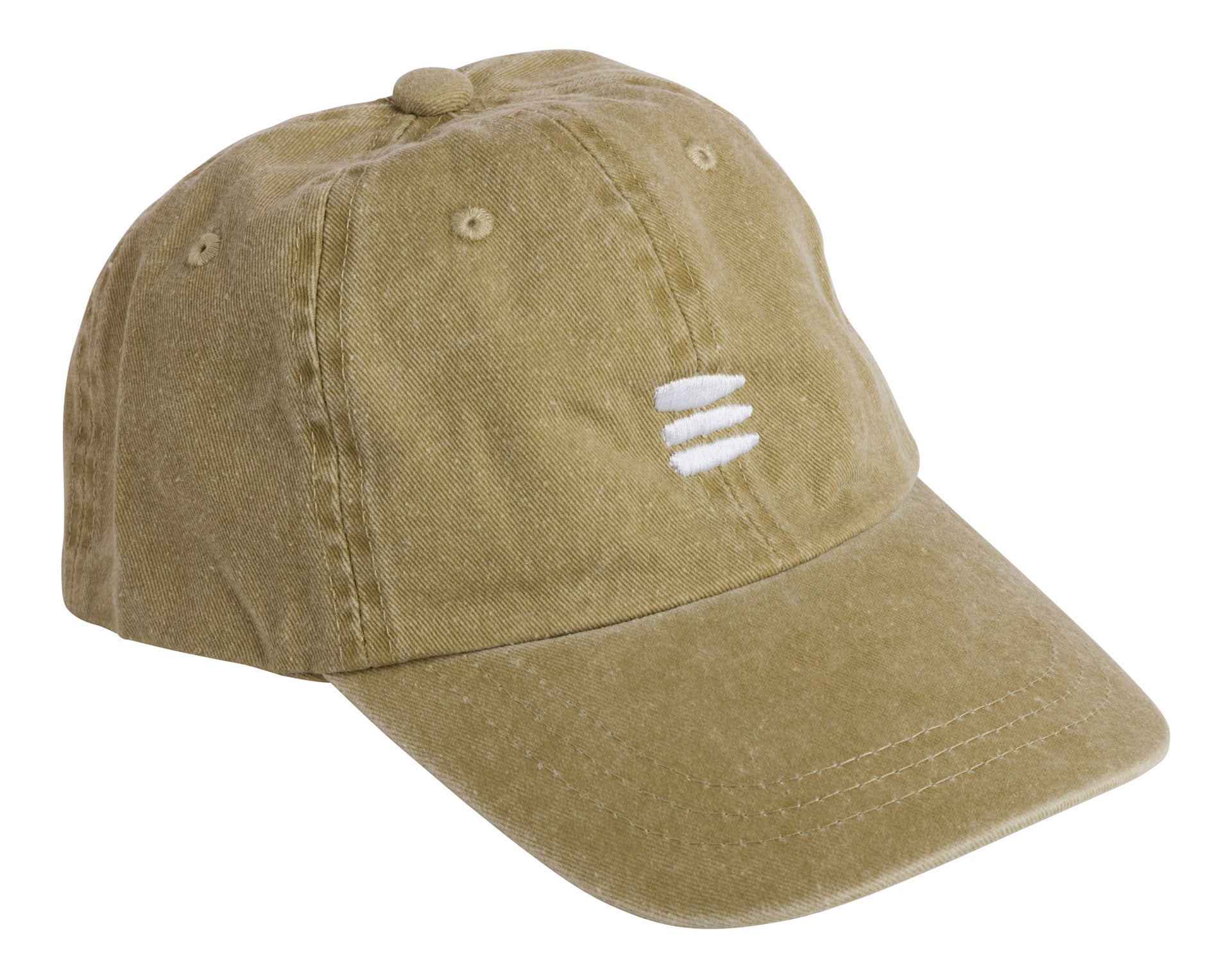 Product photo with a white background of a tan baseball cap with a white embroidered bucket list logo on the front center.