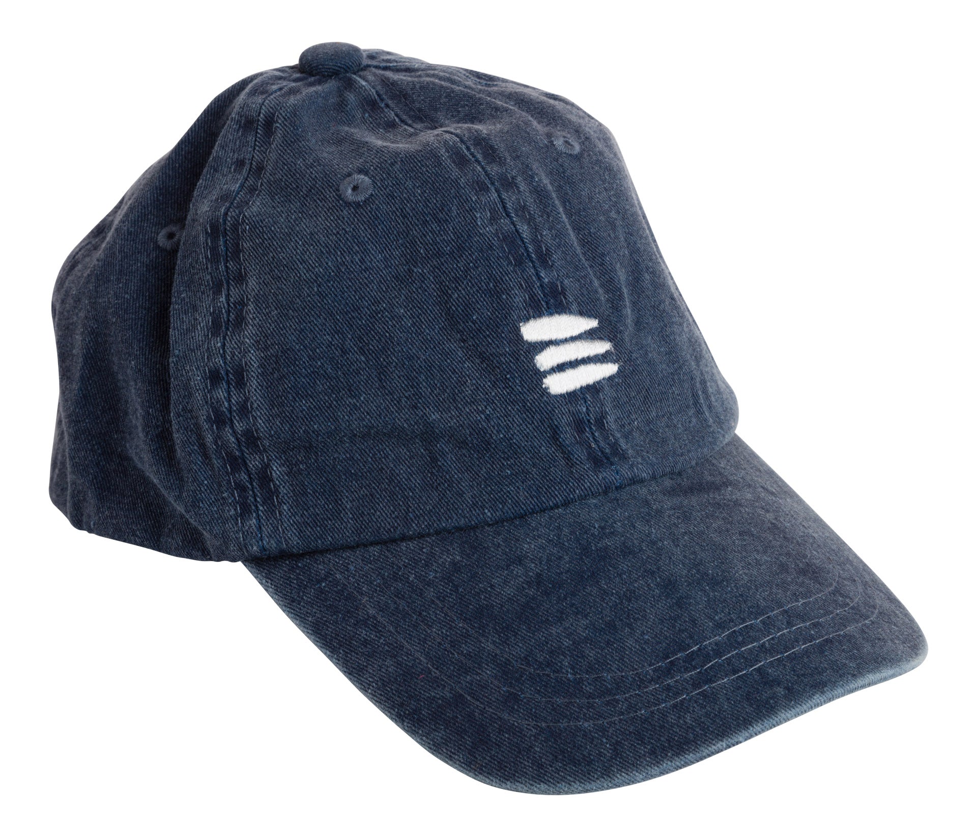 Product photo with a white background of a navy baseball cap with a white embroidered bucket list logo on the front center.