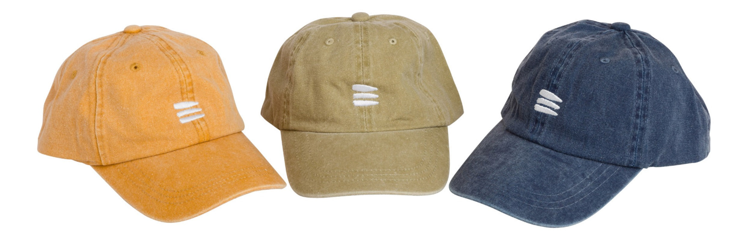 Product photo with a white background of three baseball caps with a white embroidered bucket list logo on the front center. The caps are yellow, tan, and navy.
