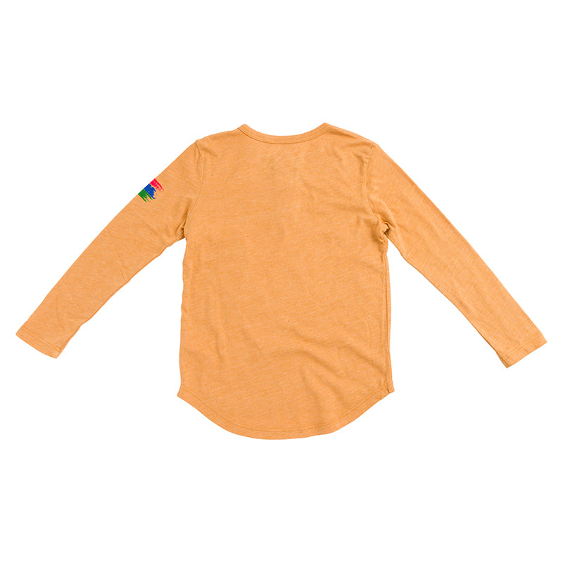 Product photo of the back of a girls' mustard henley with a white background.
