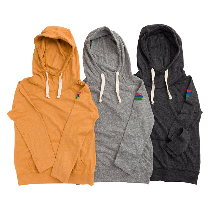 Product photo with three children's hoodies in mustard, grey, and black with a white background.