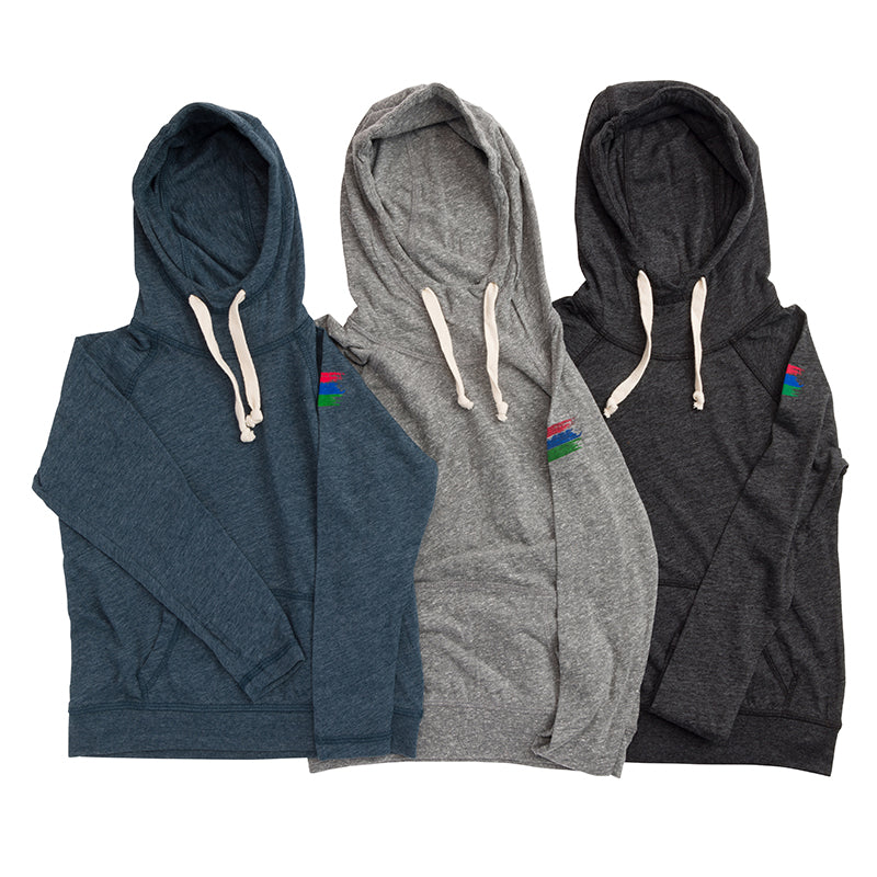 Product photo of three hoodies that include hoodies in navy, grey, and black.