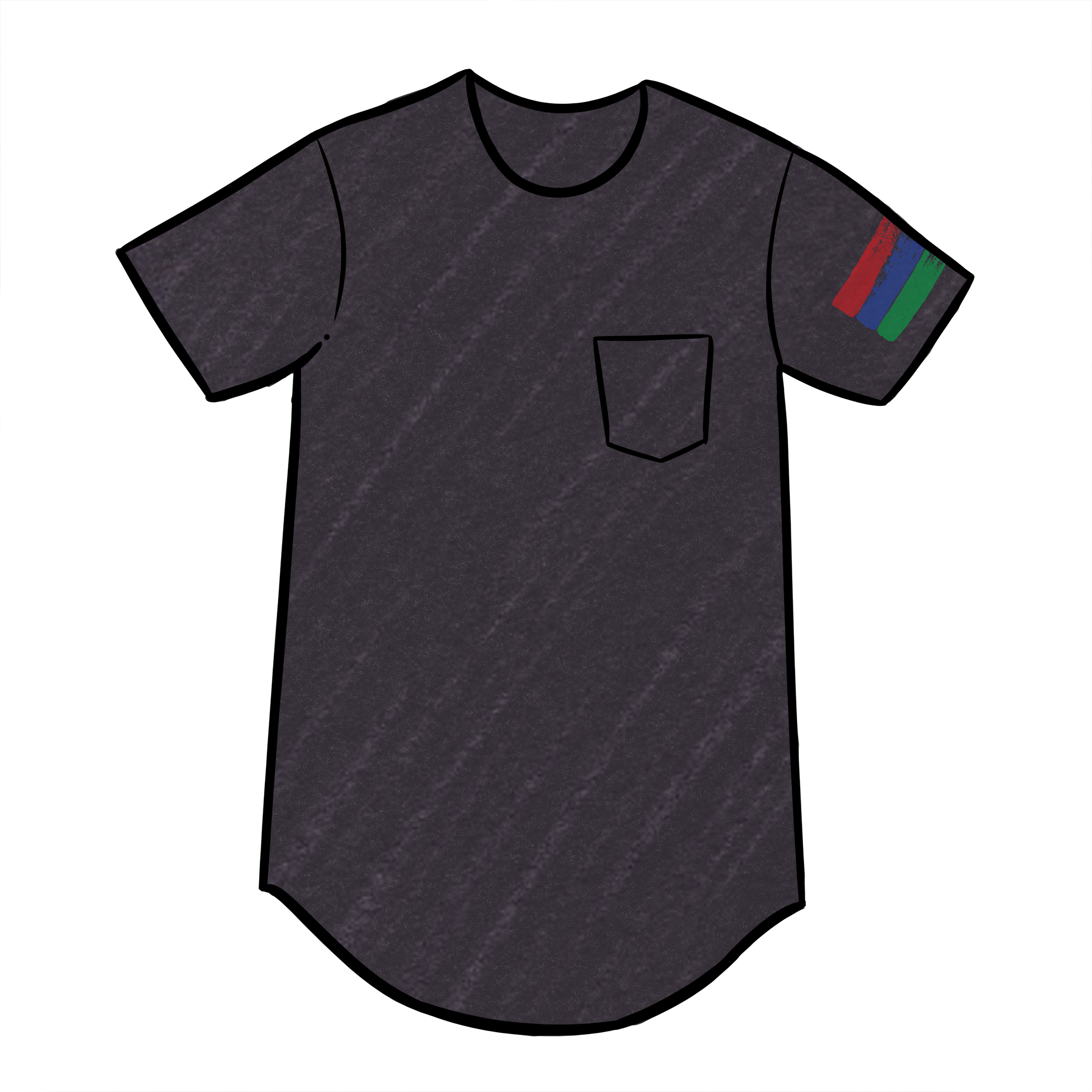 Digital art image of a drawing of a black crew neck short-sleeve t-shirt with a front pocket on the chest and the bucket list logo on the sleeve.