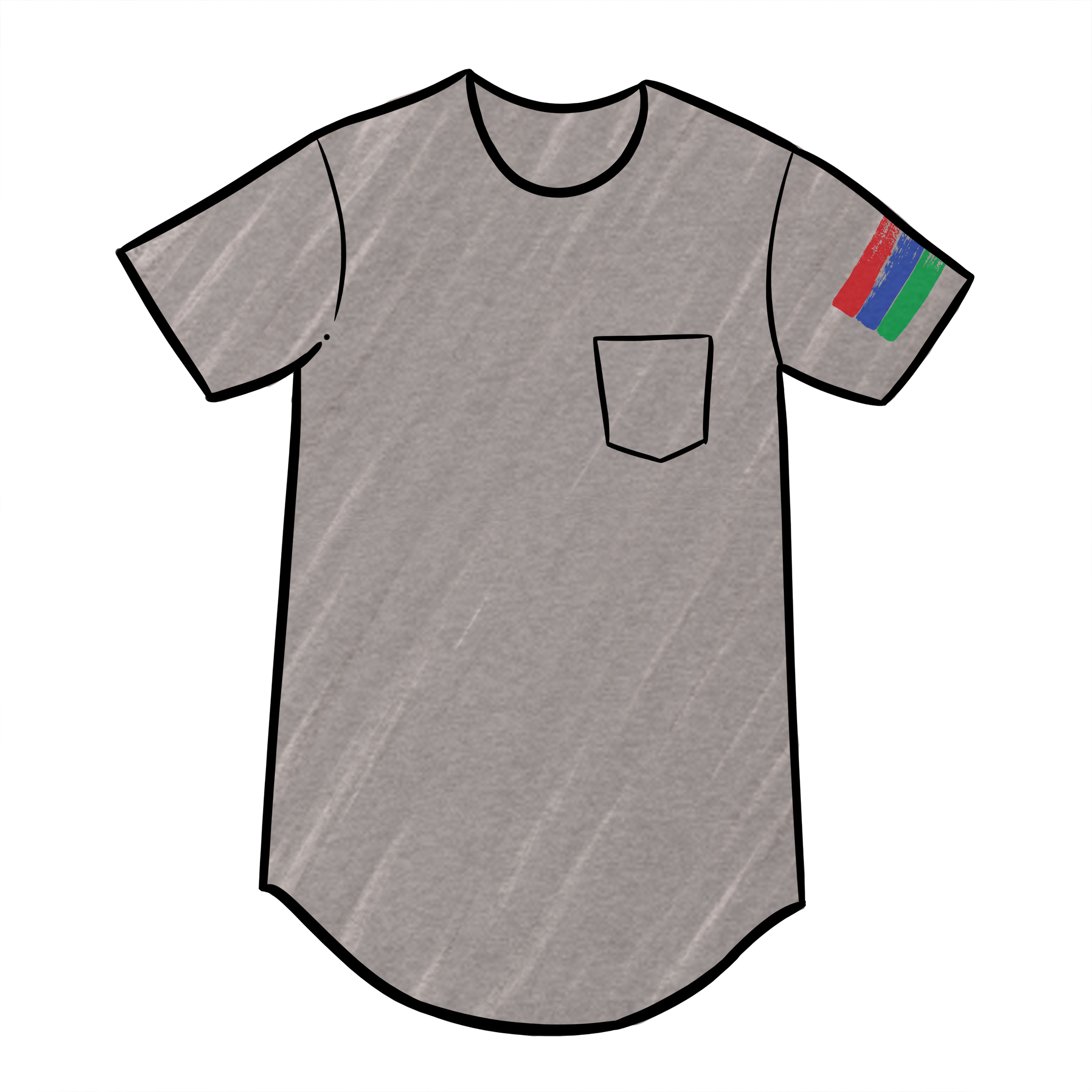 Digital art image of a drawing of a grey crew neck short-sleeve t-shirt with a front pocket on the chest and the bucket list logo on the sleeve.