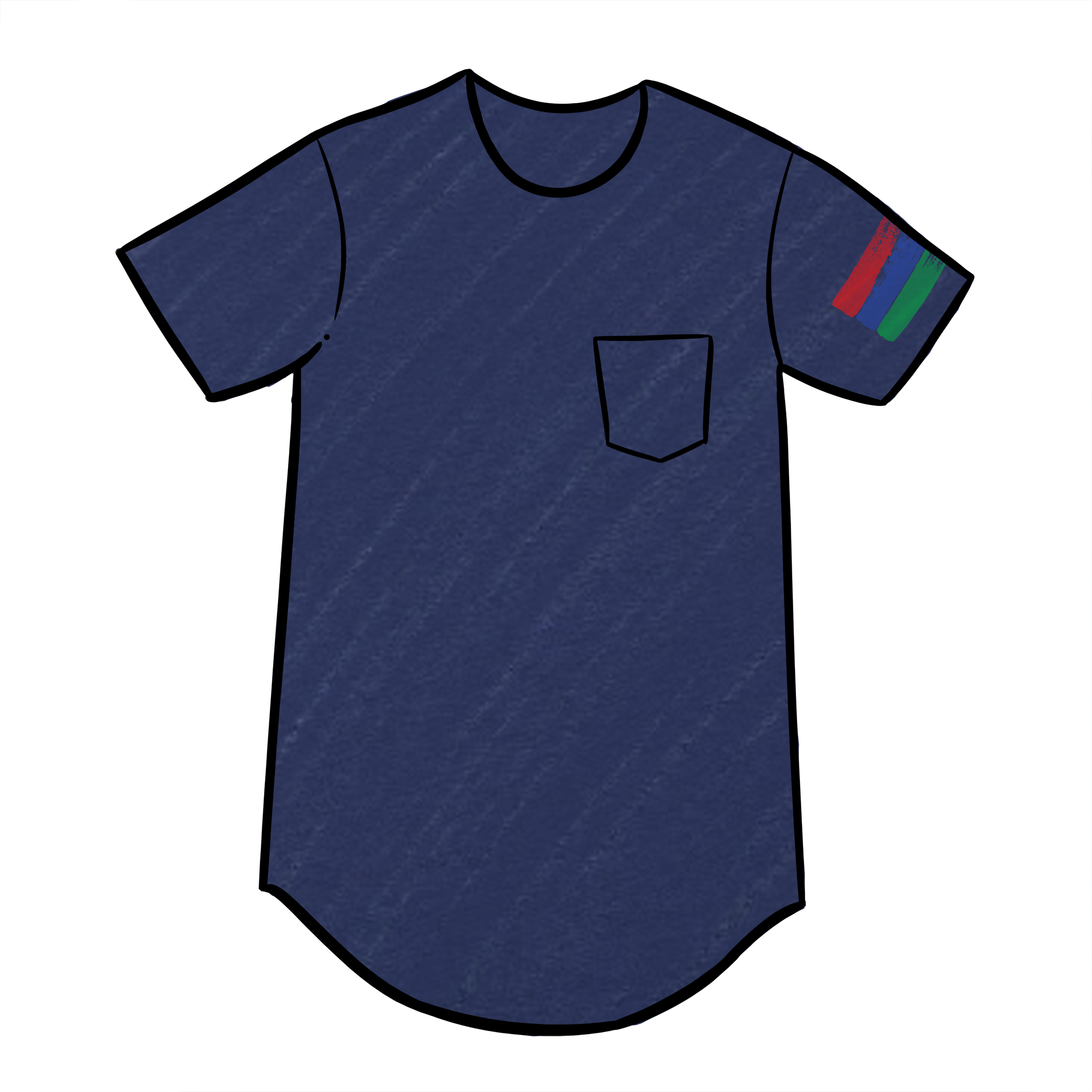 Digital art image of a drawing of a navy crew neck short-sleeve t-shirt with a front pocket on the chest and the bucket list logo on the sleeve.