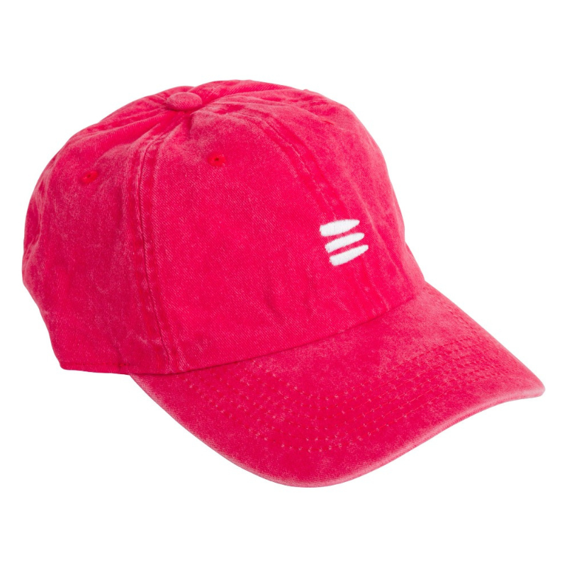 Product photo with a white background of a red baseball cap with a white embroidered bucket list logo on the front of the cap.
