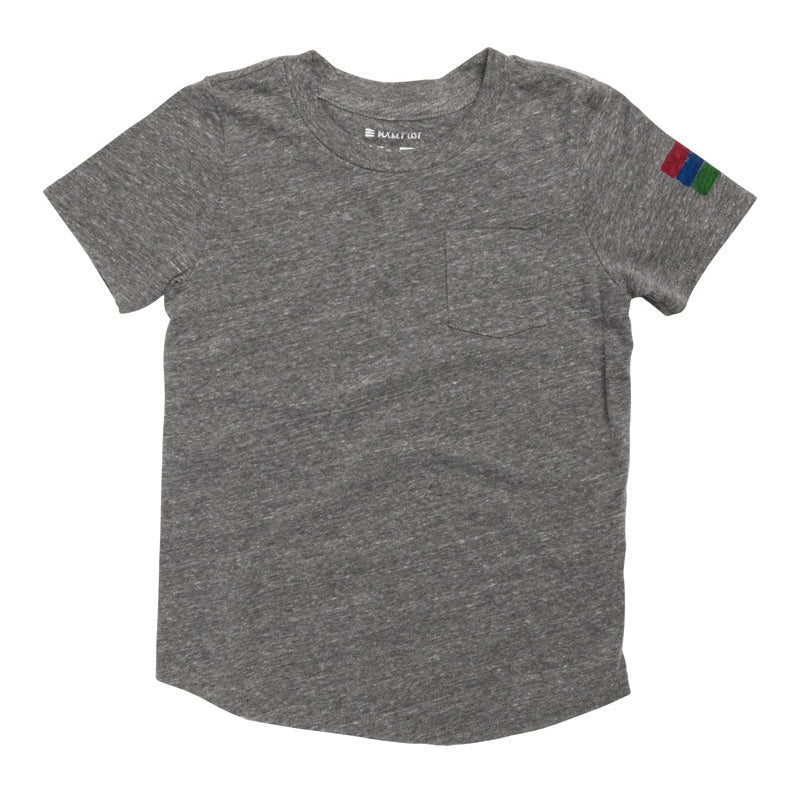 Product photo with a white background of a grey crew neck short sleeve t-shirt with the bucket list logo on the left arm of the shirt.