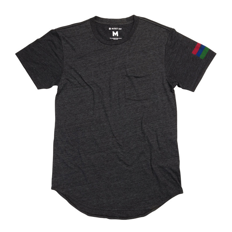 Product photo on a white background of a black crew neck short-sleeve t-shirt with a front pocket on the chest and the bucket list logo on the sleeve.