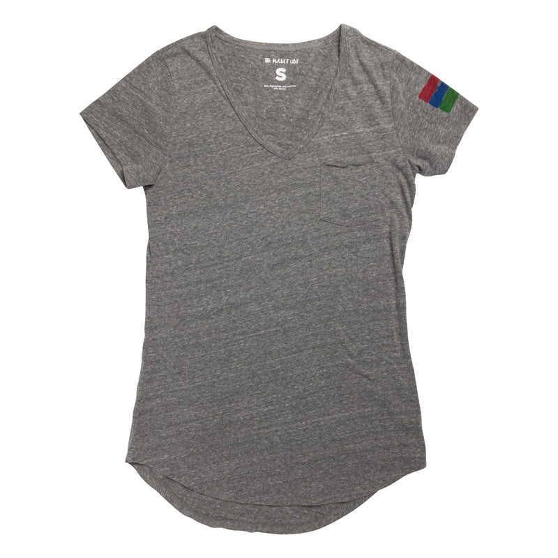 Product photo on a white background of a grey v-neck short-sleeve t-shirt that has the bucket list logo printed on the arm.