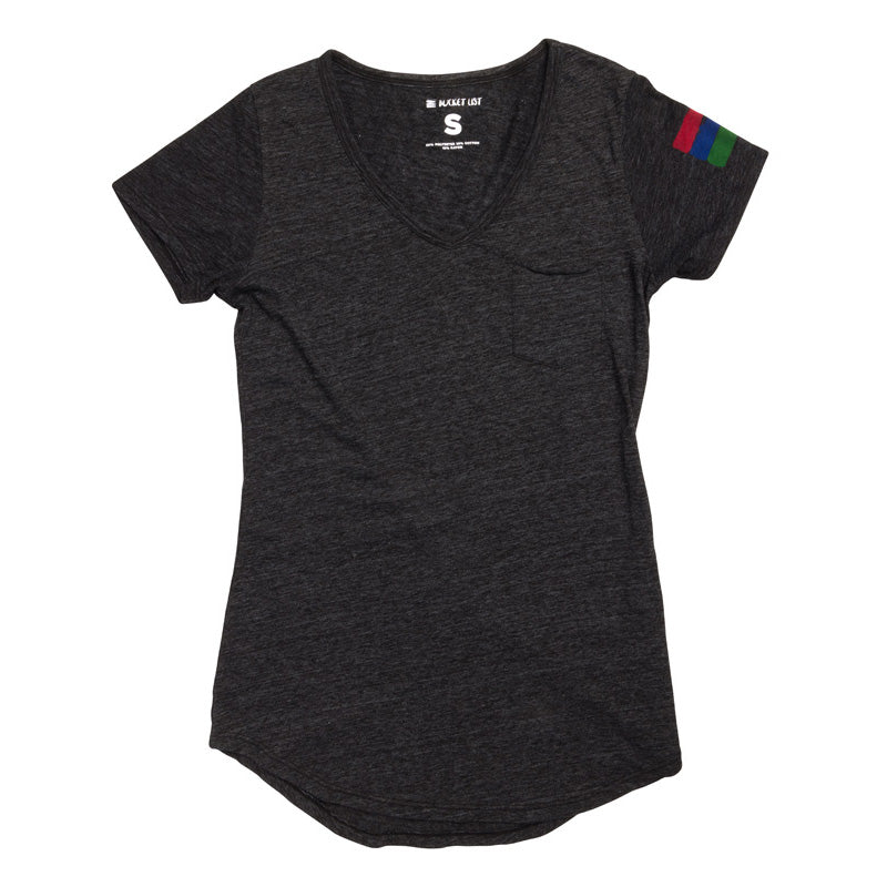 Product photo on a white background of a black v-neck short-sleeve t-shirt that has the bucket list logo printed on the arm.