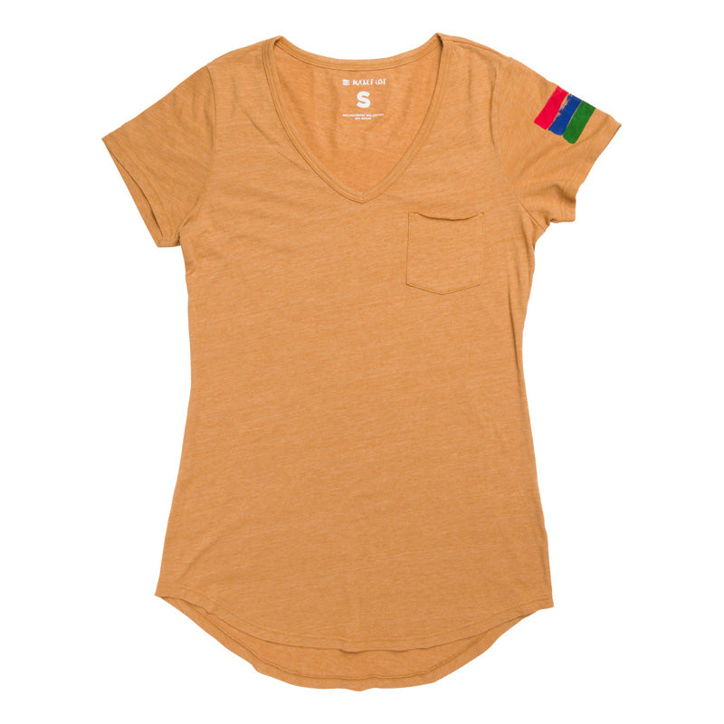 Product photo on a white background of a mustard colored v-neck short-sleeve t-shirt that has the bucket list logo printed on the arm.