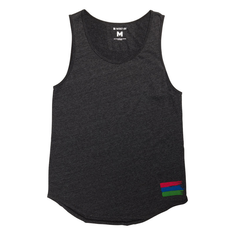 Product photo on a white background of a black tank top with the bucket list logo in the bottom right corner of the tank.