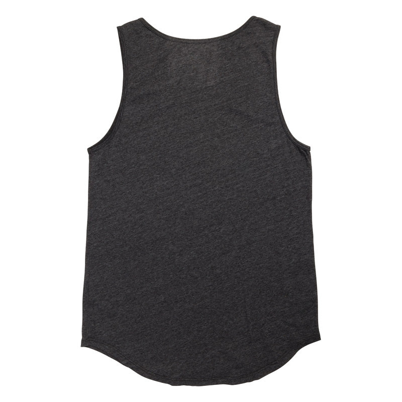 Product photo of the back of a black tank top with the bucket list logo in the bottom right corner of the tank.