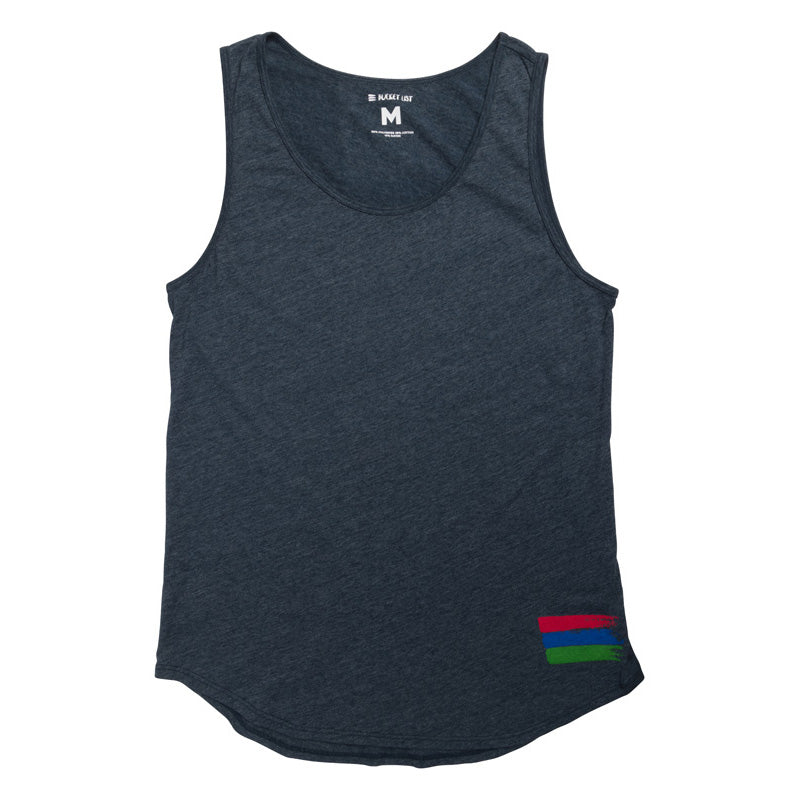 Product photo on a white background of a navy tank top with the bucket list logo in the bottom right corner of the tank.