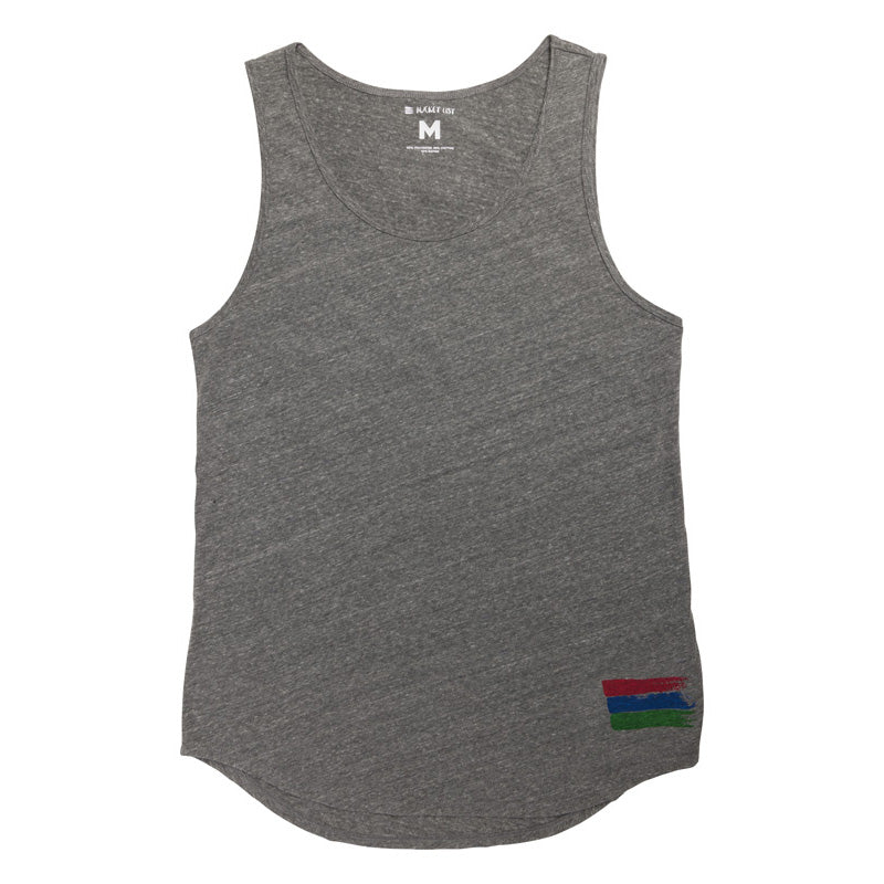 Product photo on a white background of a grey tank top with the bucket list logo in the bottom right corner of the tank.