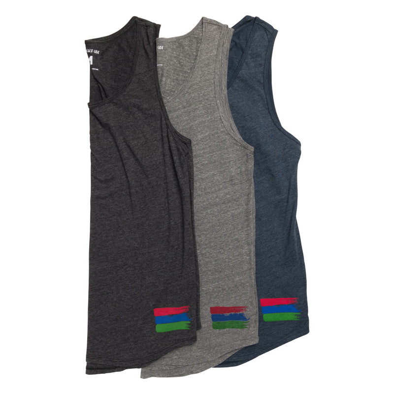 Product photo of all three bucket list tank top color options which include black, grey, and navy.
