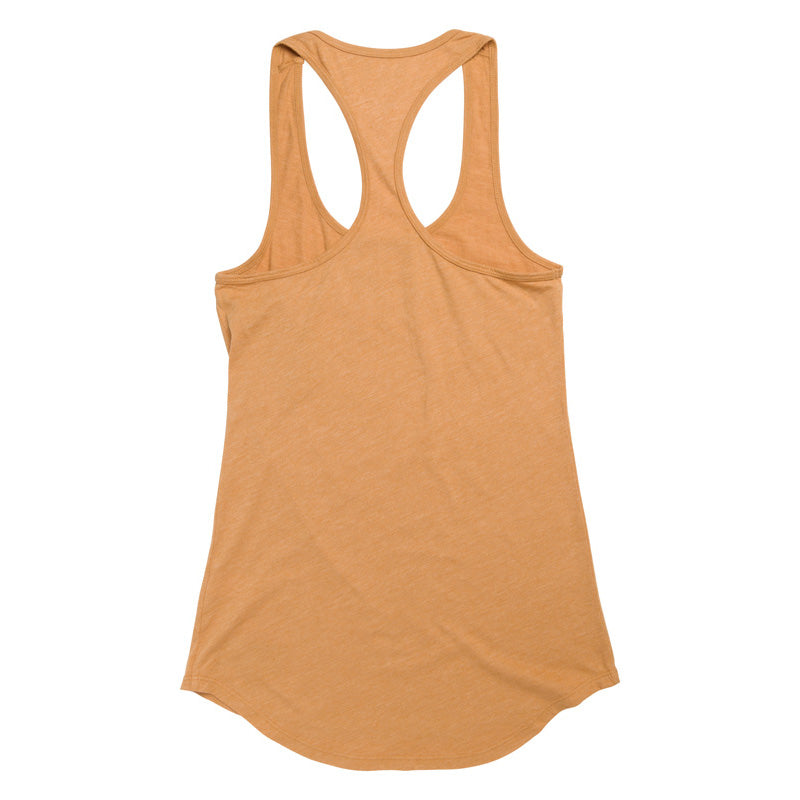 Product photo of the back of a yellow women's tank top on a white background.