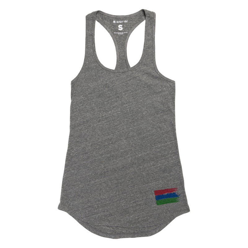 Product photo of a grey women's tank top with the bucket list logo in the bottom right corner of the tank on a white background.