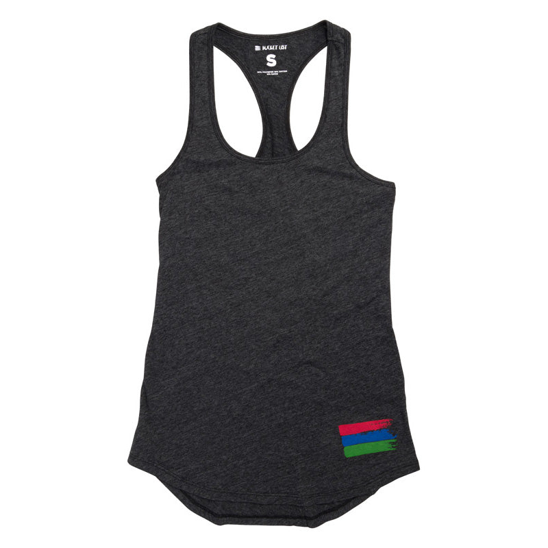 Product photo of a black women's tank top with the bucket list logo in the bottom right corner of the tank on a white background.
