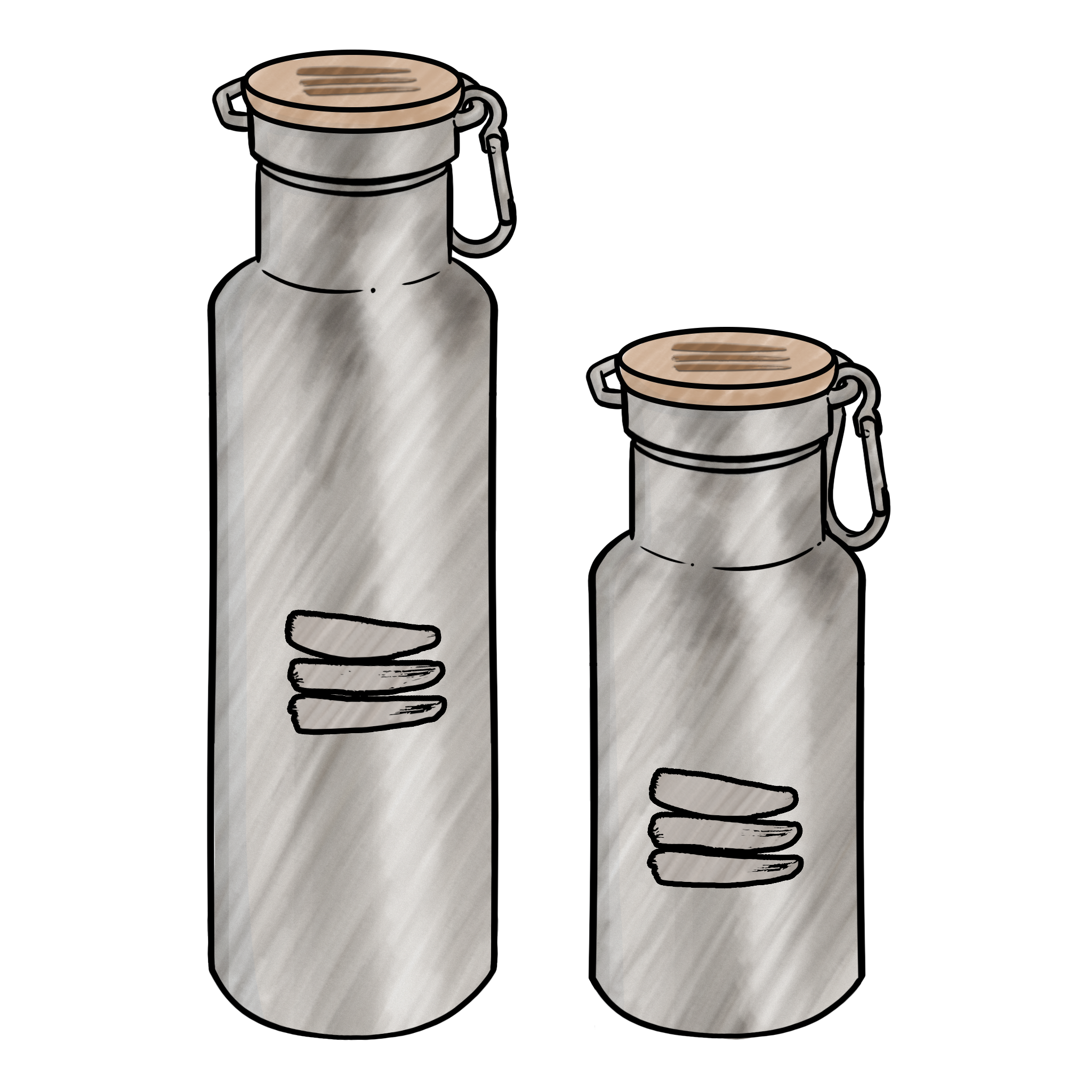 Digital art image of a small and a large water stainless steel water bottle next to each other. The water bottles have bamboo lids and the bucket list logo engraved on the outside of the water bottle.