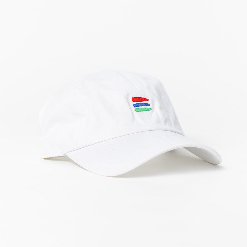 Product photo with a white background of a white baseball cap with a white embroidered bucket list logo on the front of the cap.