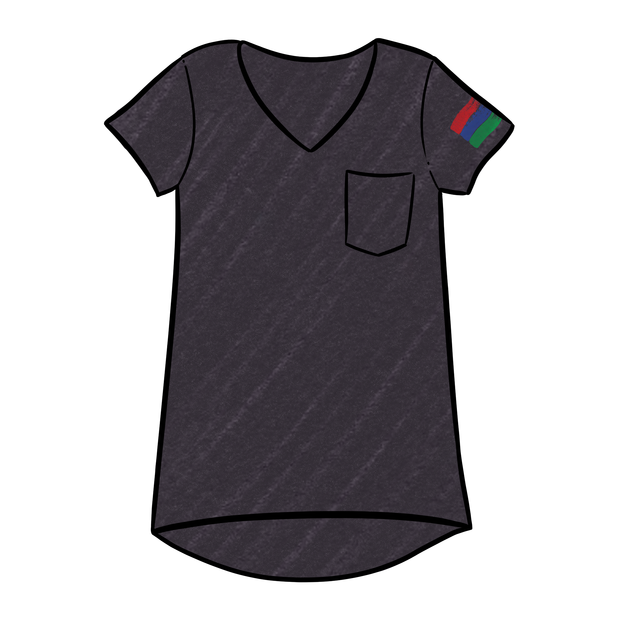 Product image drawing  of a black v-neck short-sleeve t-shirt that has the bucket list logo printed on the arm.