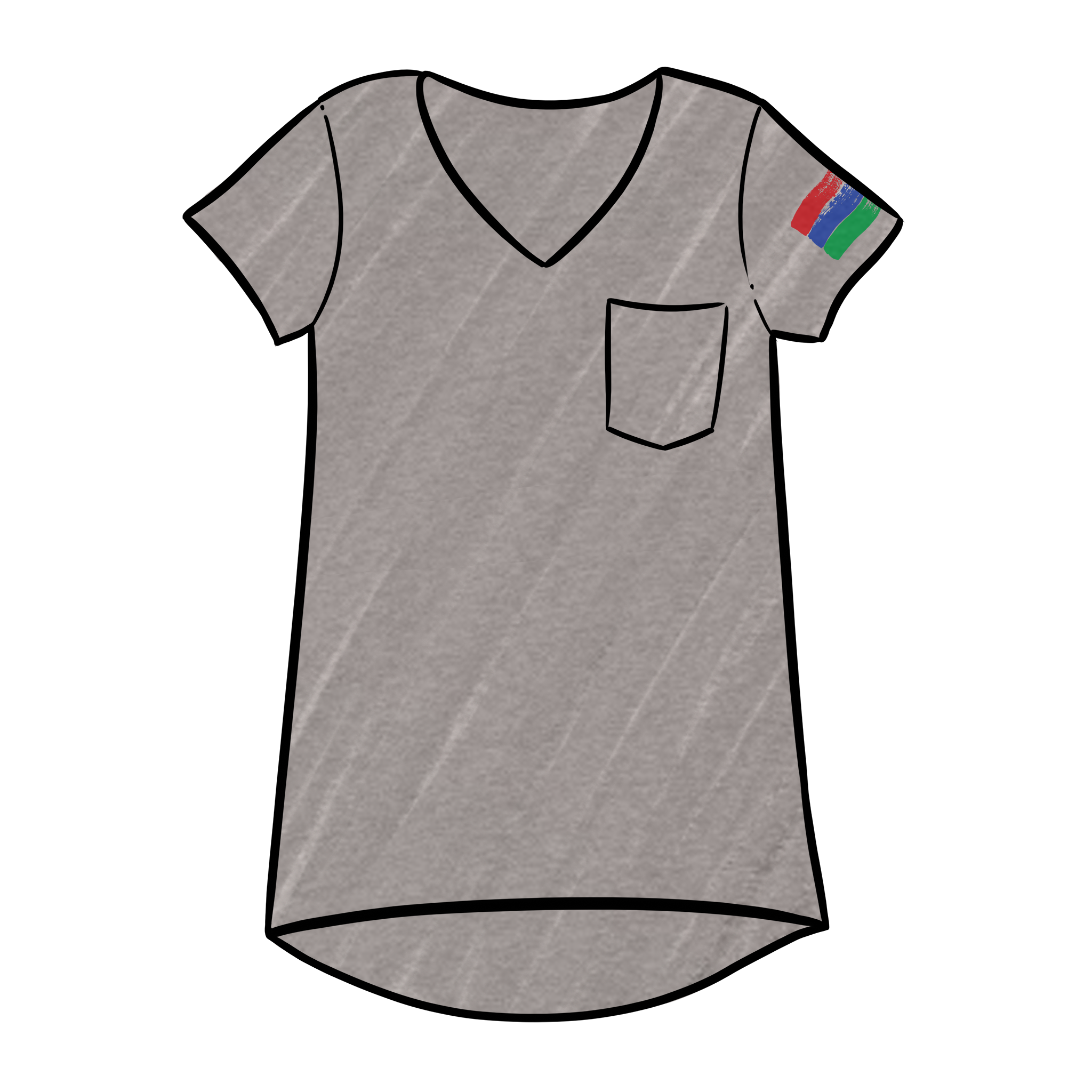 Product image drawing  of a grey v-neck short-sleeve t-shirt that has the bucket list logo printed on the arm.