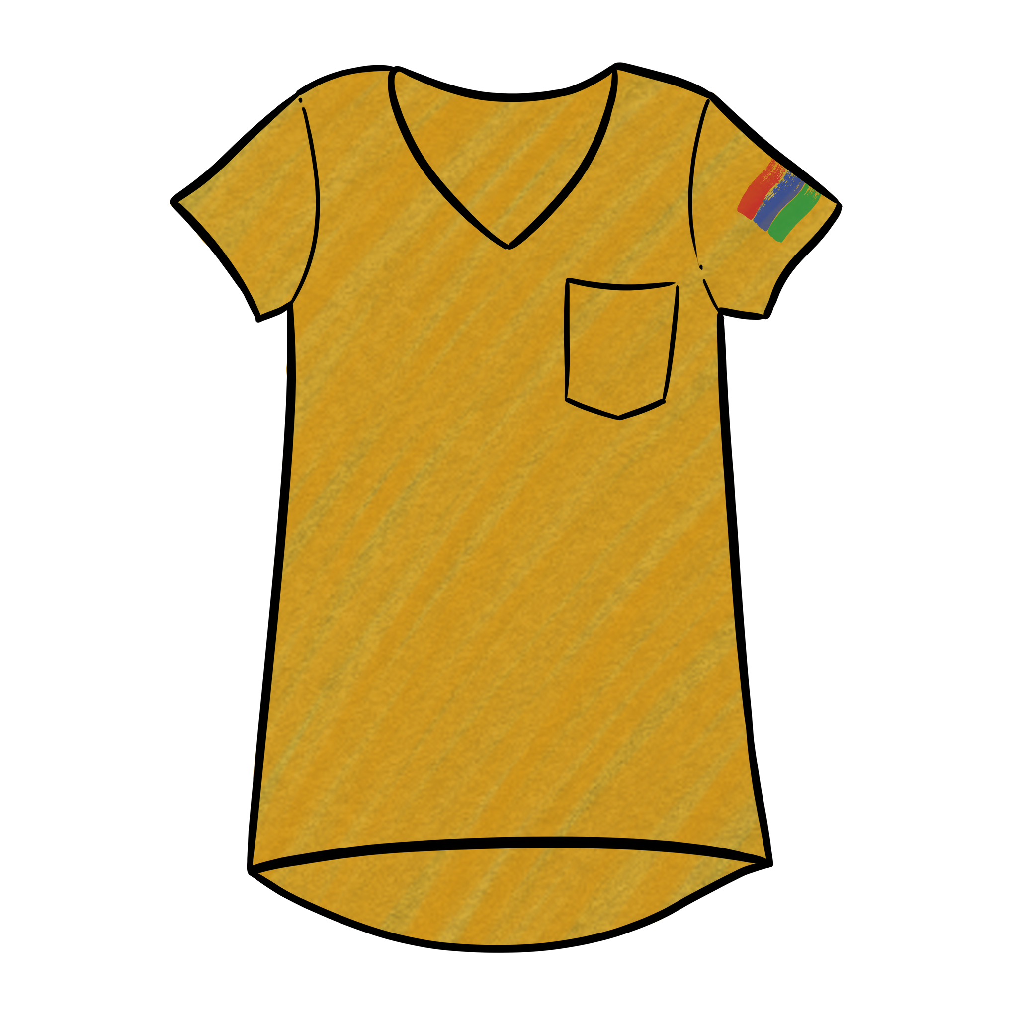 Product image drawing  of a mustard v-neck short-sleeve t-shirt that has the bucket list logo printed on the arm.