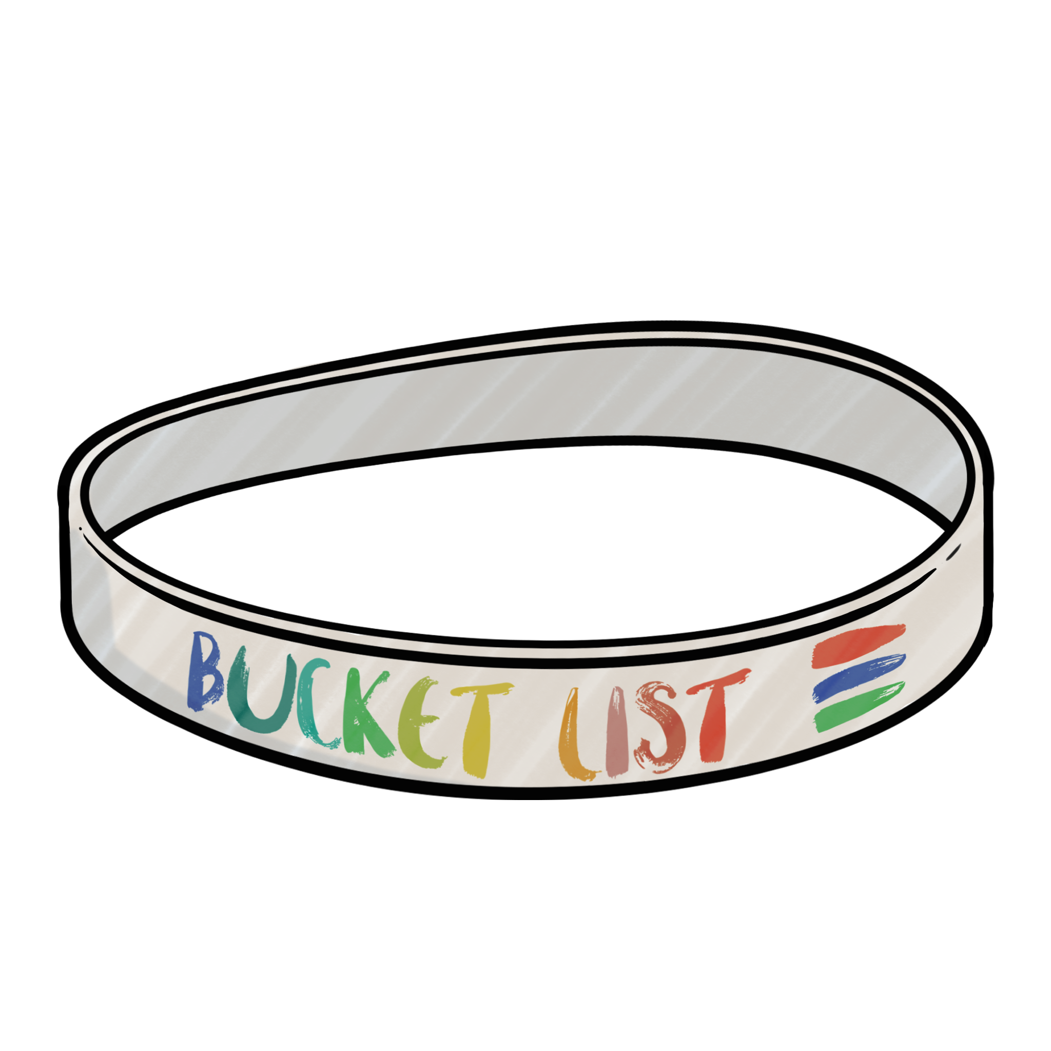 Digital art drawing of a rubber bracelet that says bucket list on it with the bucket list logo.