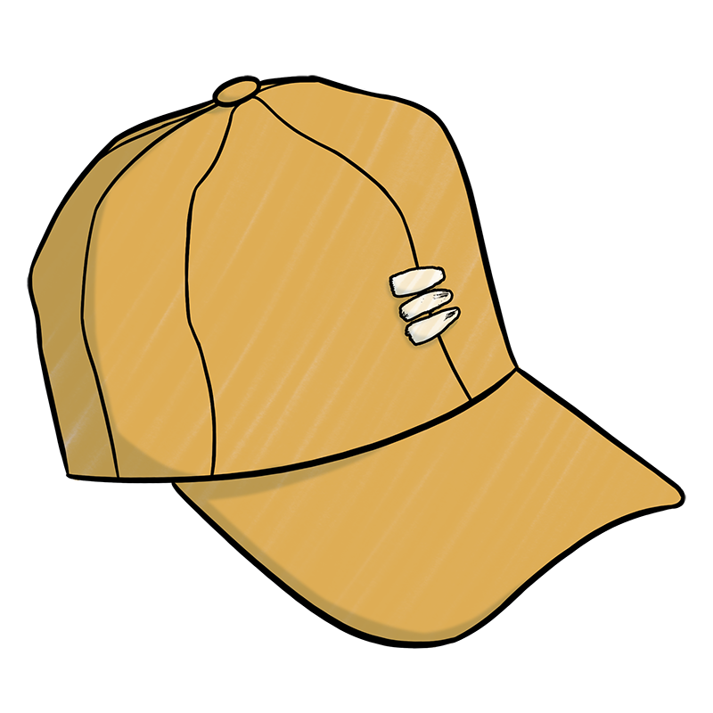Digital art photo of a yellow baseball cap with a white embroidered bucket list logo on the front center.