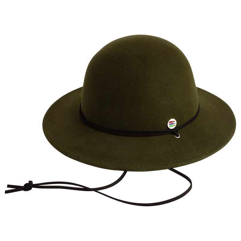 Product photo of an olive round brimmed hat with a thin leather neck strap. There is a small metal bucket list logo pin on the side of the hat.