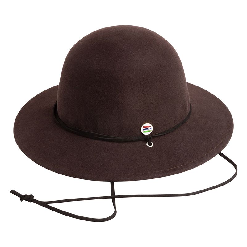 Product photo of a brown round brimmed hat with a thin leather neck strap. There is a small metal bucket list logo pin on the side of the hat.