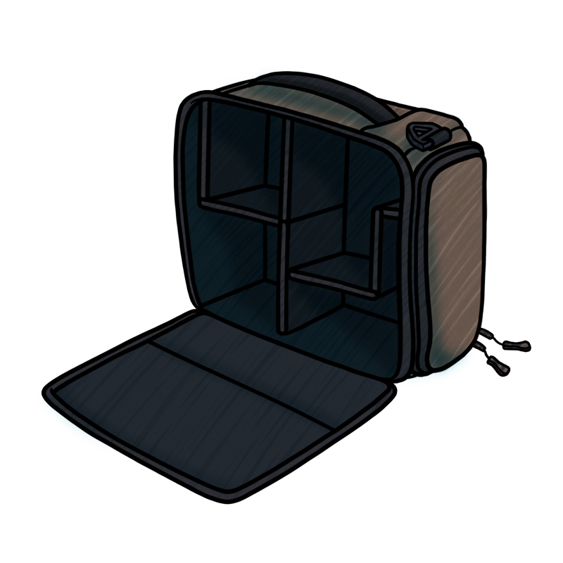 Digital art image of a brown camera cube bag with the front dipper opening open with a white background. The inside is black and is divided into four sections.