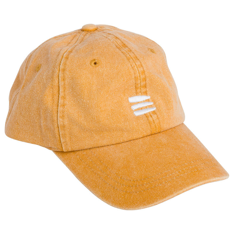 Product photo with a white background of a yellow baseball cap with a white embroidered bucket list logo on the front center.